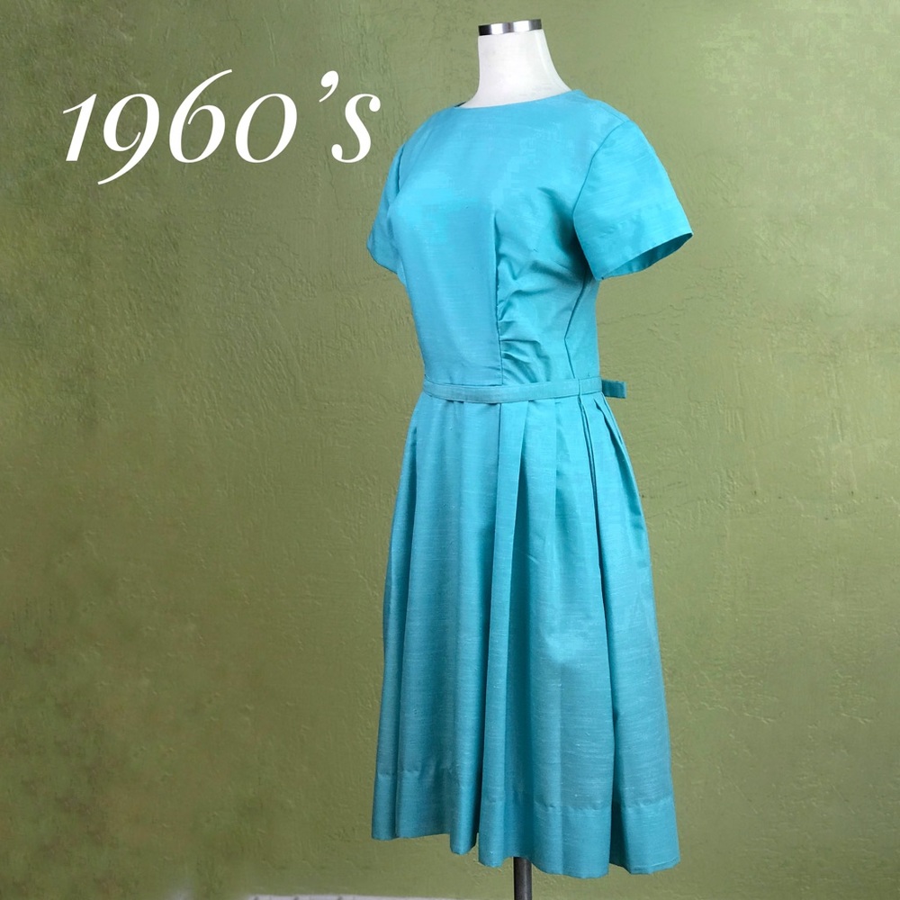 VINTAGE 1960's Robin's Egg Blue Midi Dress Raw Silk (?)